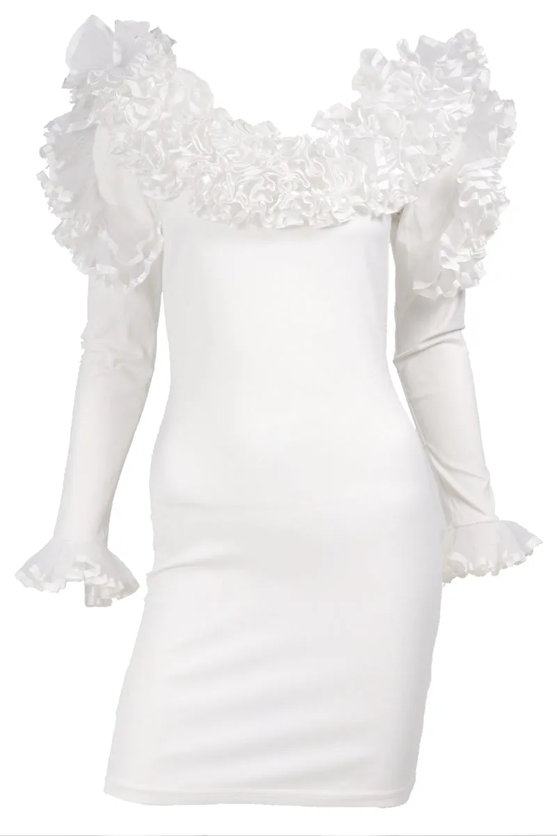 1980s Dana Deatherage Vintage Bodycon Ruffled White Dress