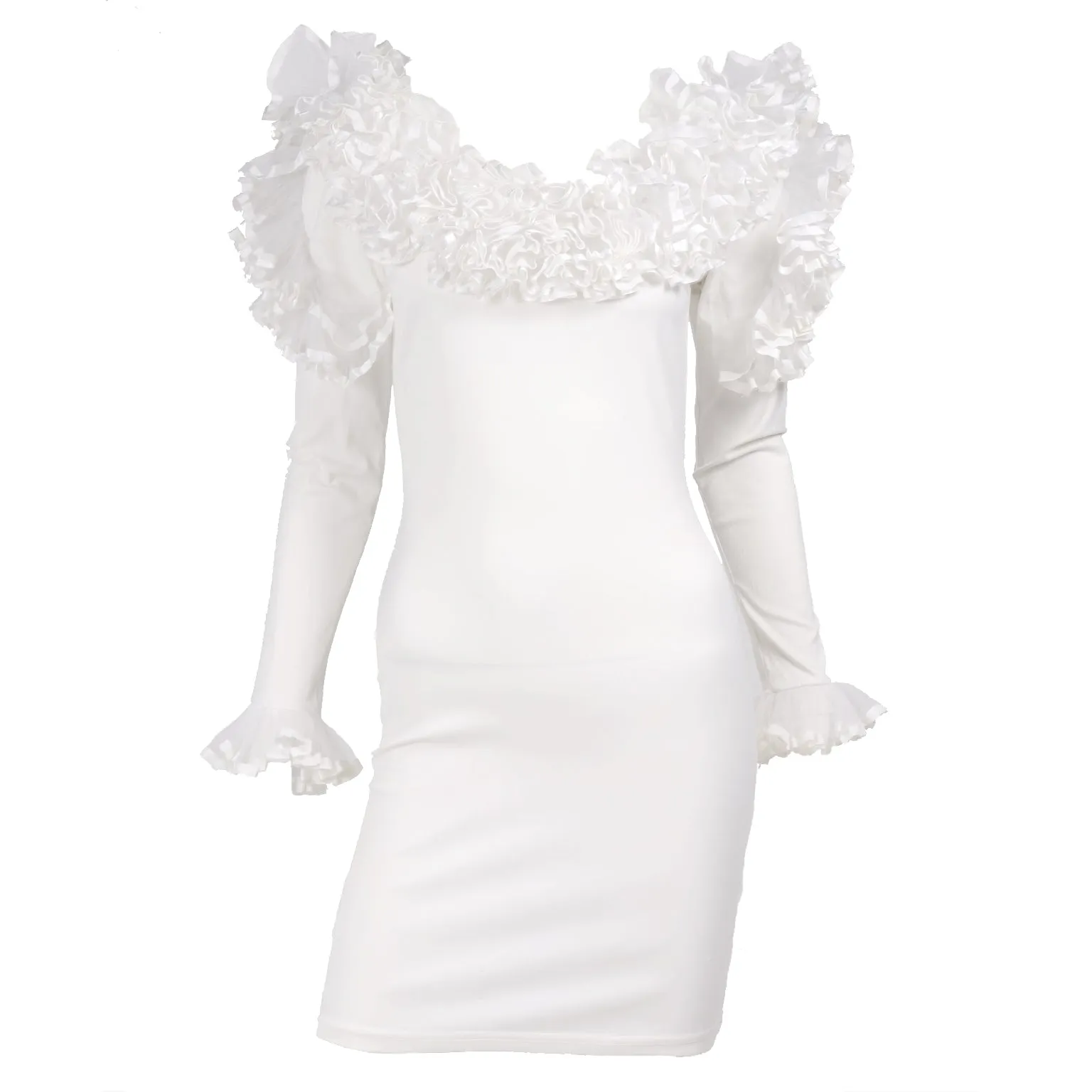 1980s Dana Deatherage Vintage Bodycon Ruffled White Dress