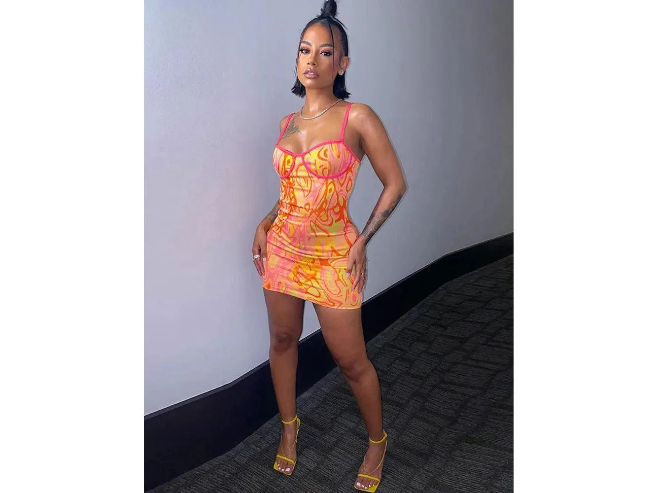 Aesthetic Print Mini Dress Women Spaghetti Strap*