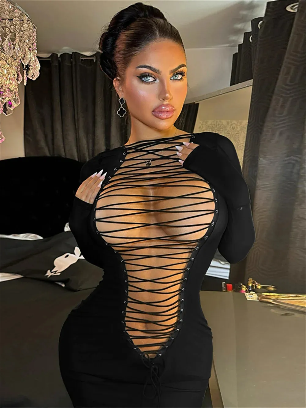 Azalea Hipster Full Sleeve Coquette Midnight Stretch Skinny Mini Bodycon Dress