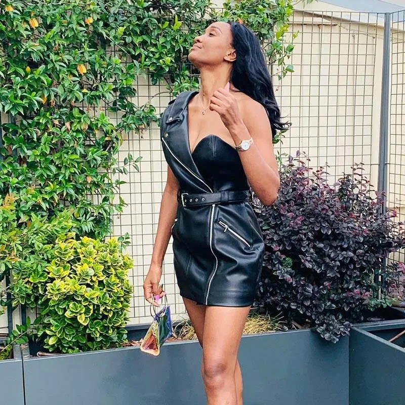 Black PU Leather Sexy One Shoulder Sash Bodycon