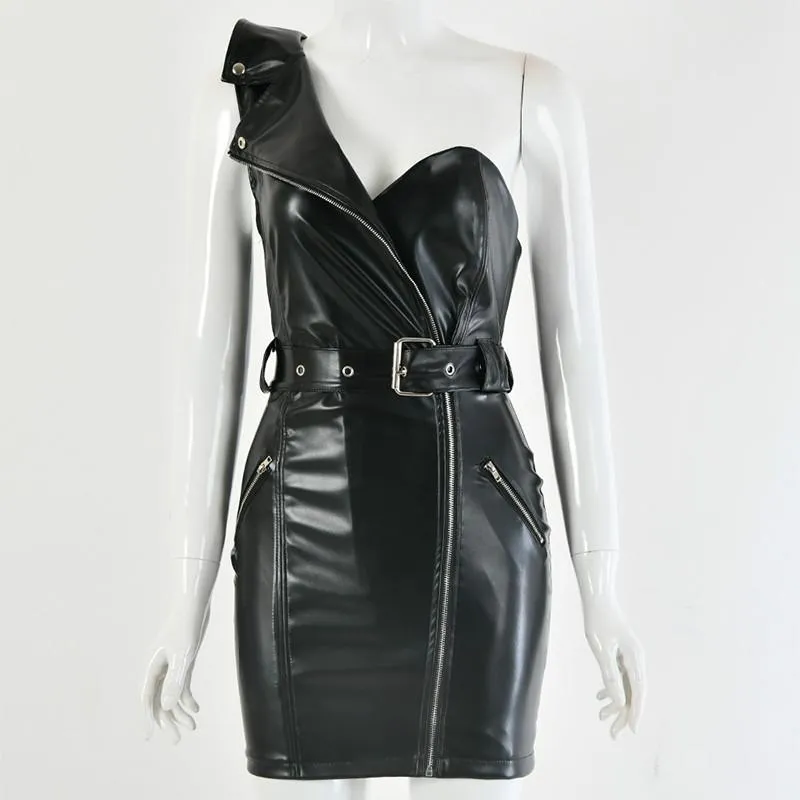 Black PU Leather Sexy One Shoulder Sash Bodycon