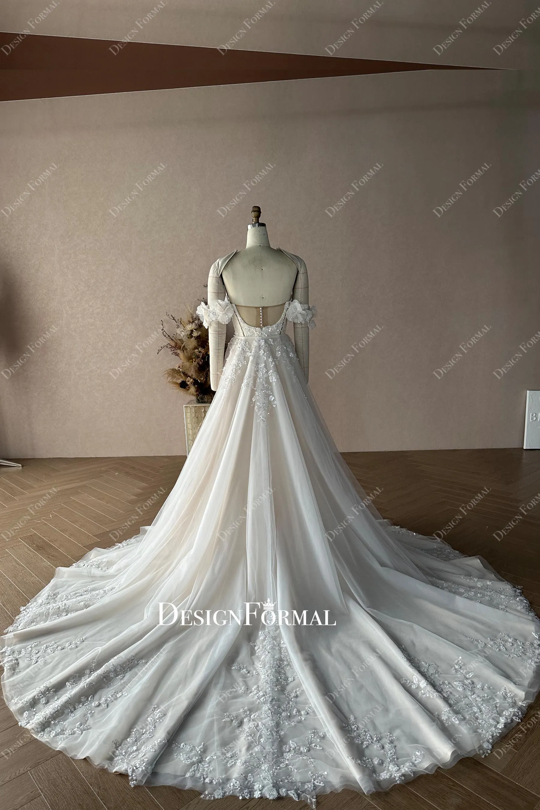 Custom Champagne Off Shoulder Mermaid Wedding Dress with Overskirt