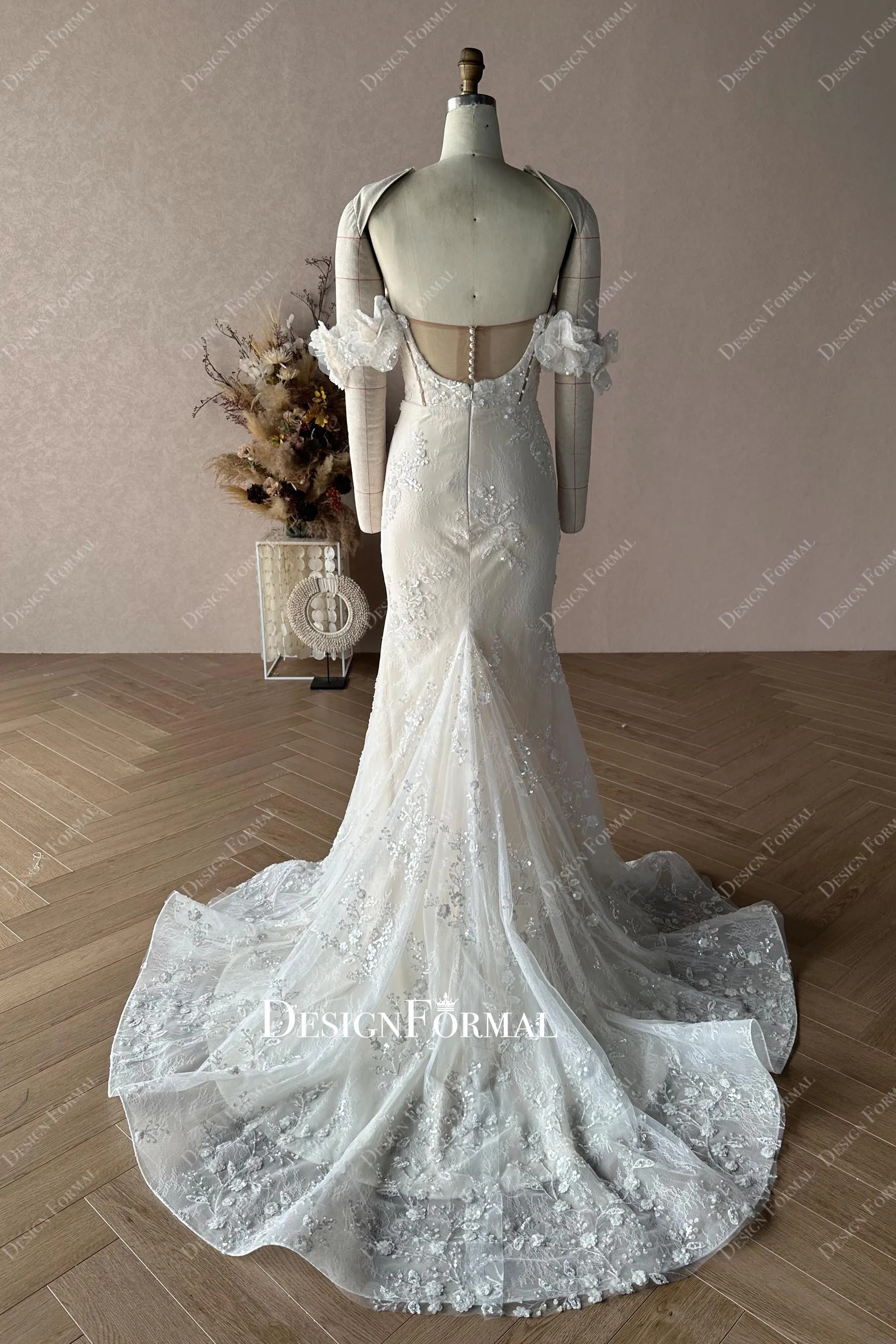 Custom Champagne Off Shoulder Mermaid Wedding Dress with Overskirt