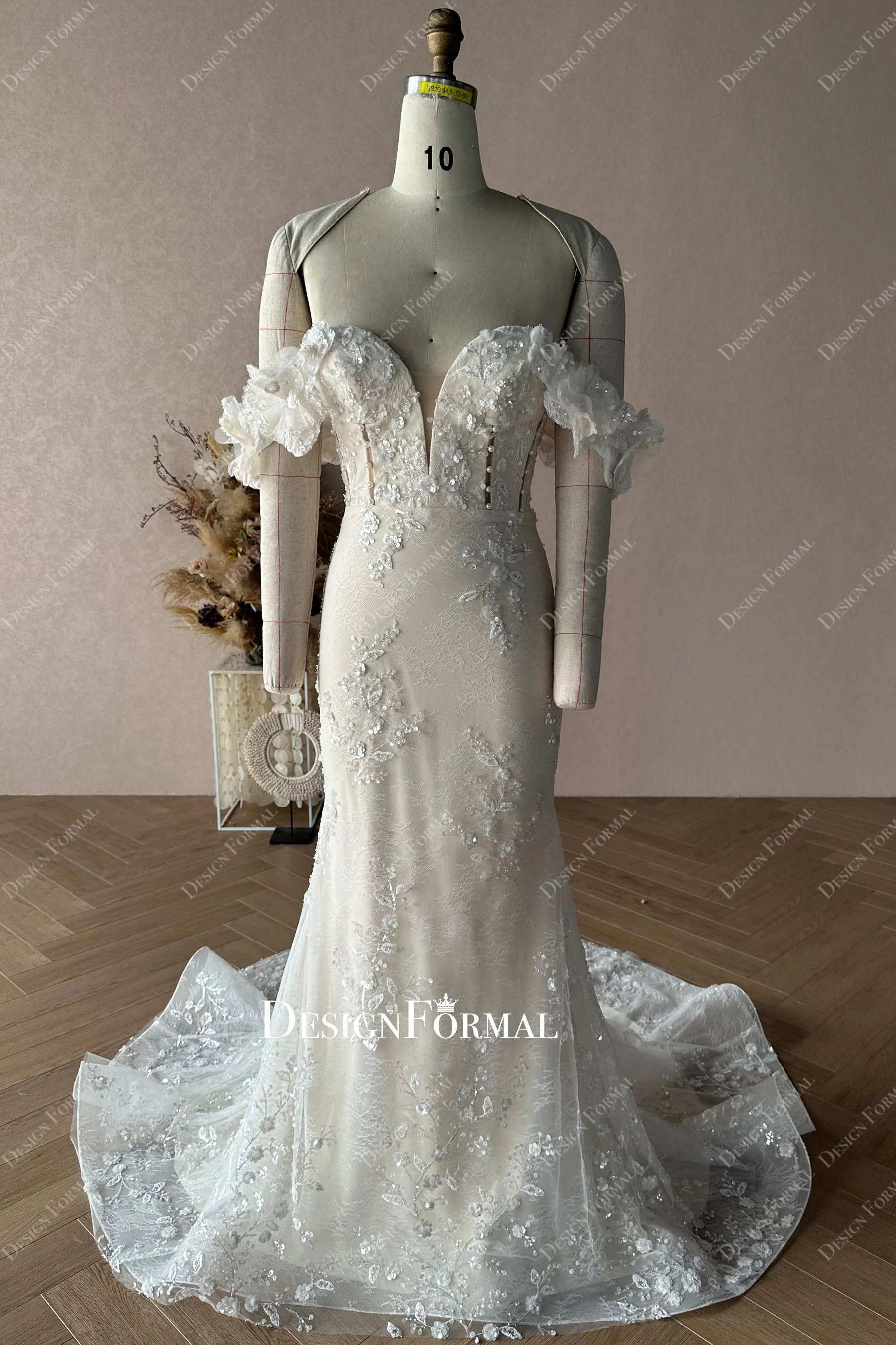 Custom Champagne Off Shoulder Mermaid Wedding Dress with Overskirt