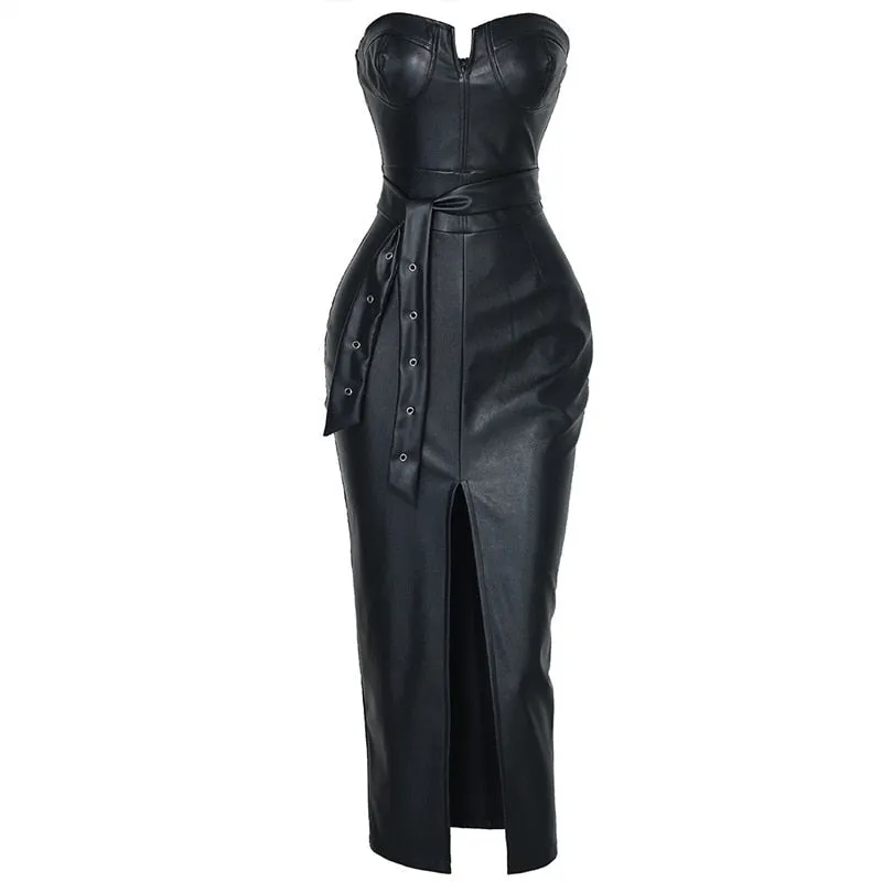 Fashionkova  Sexy Strapless Bodycon PU Leather Dress Women Split Rivet Drop Draped Dress Club Party Wear Female Vestidos