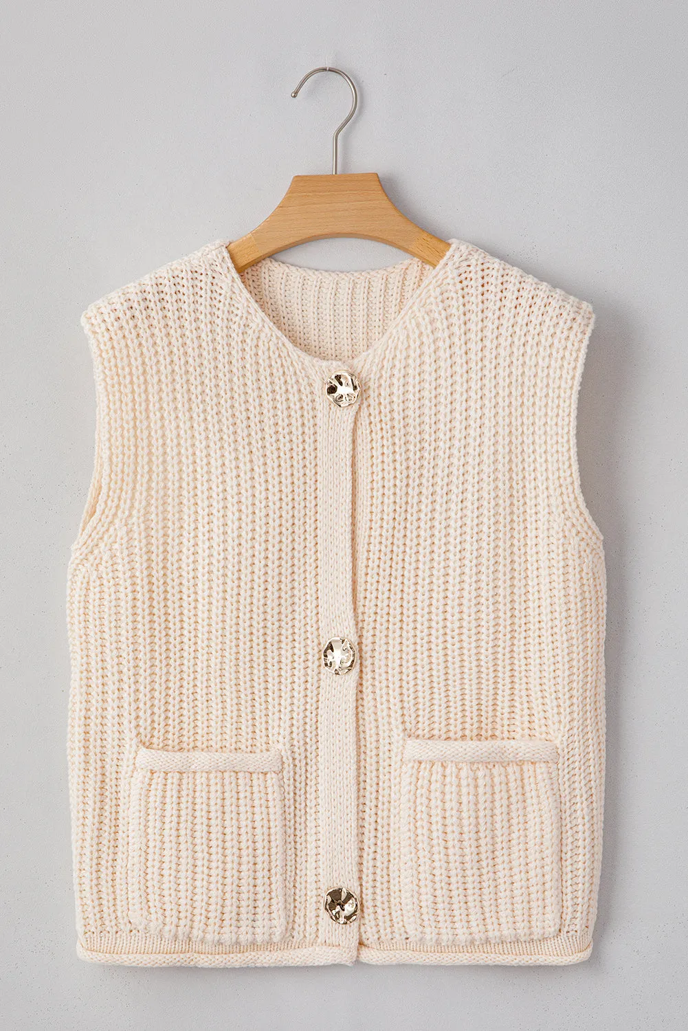 Fiery Red Solid Textured Knit Side Pockets Buttoned Sweater Vest