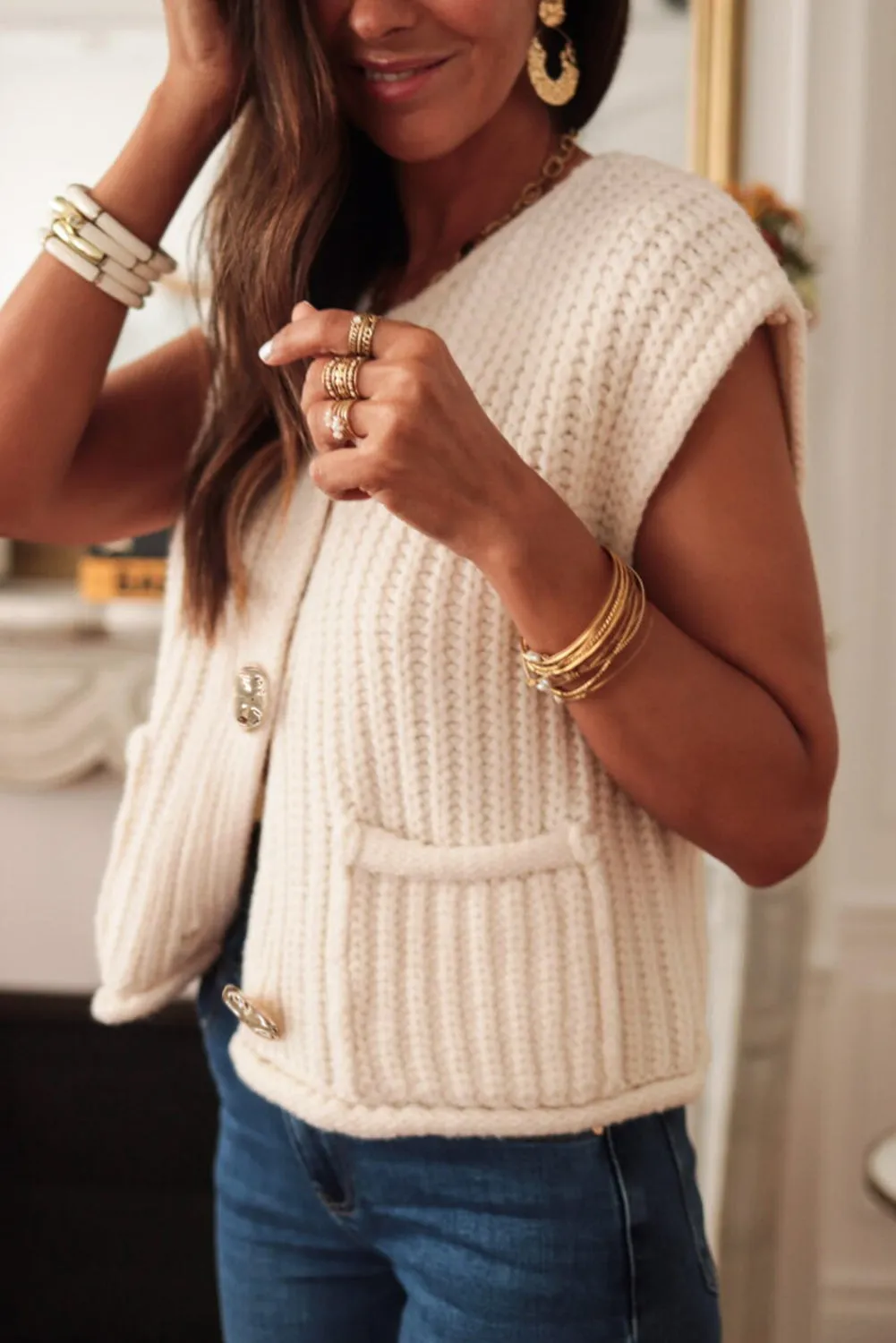 Fiery Red Solid Textured Knit Side Pockets Buttoned Sweater Vest