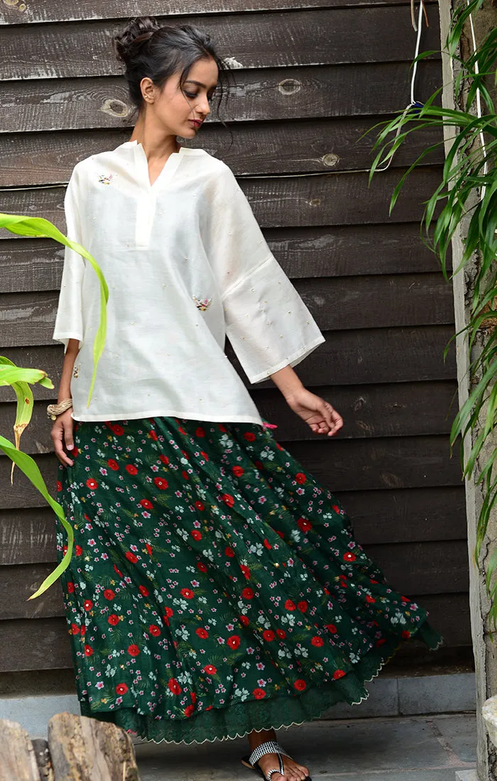 Floral Printed Skirt Chanderi - Green