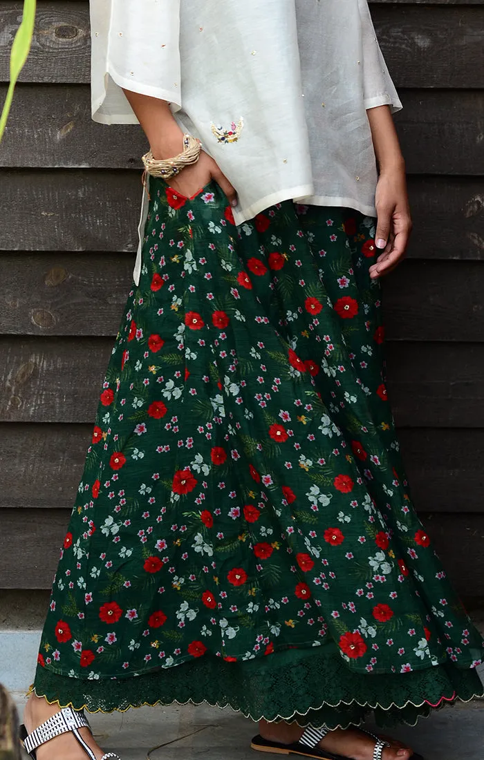Floral Printed Skirt Chanderi - Green