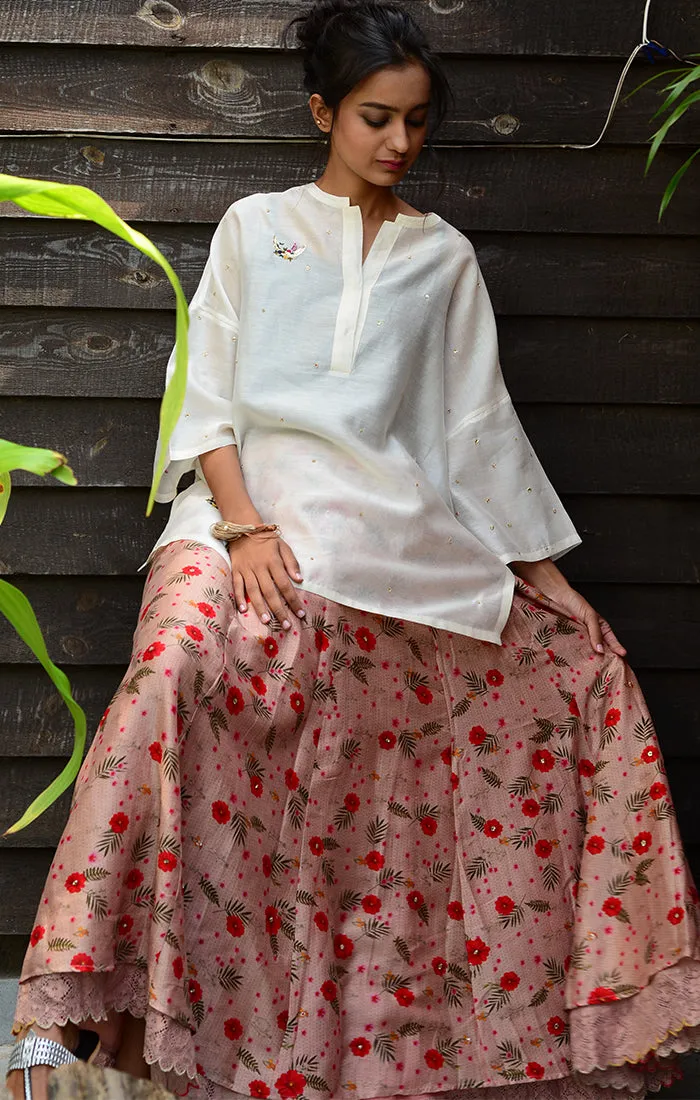 Floral Printed Skirt Chanderi - Pink