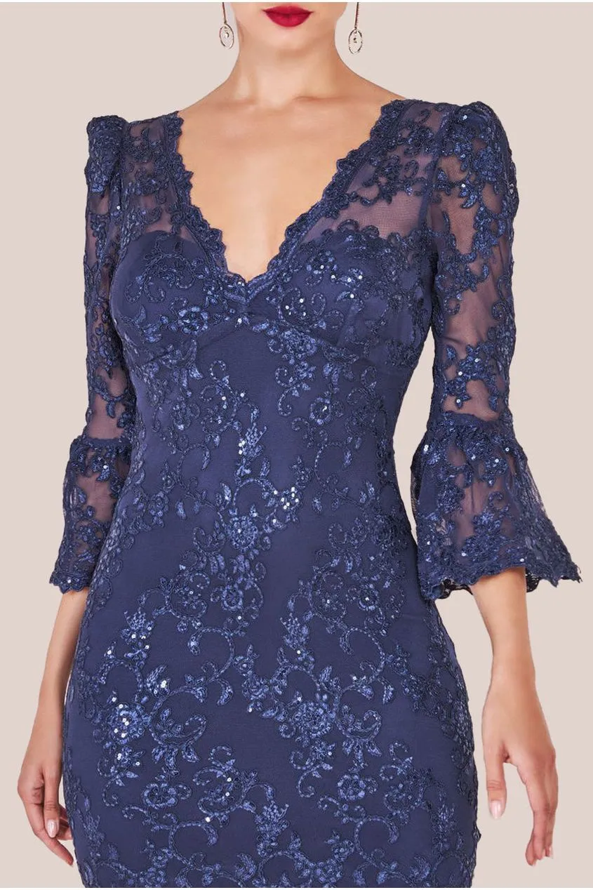 Goddiva Sequin Scallop Lace Midi Dress - Navy