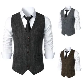 Ilooove Vintage Single Breasted Men's Vest Coat Fashion V-neck Vest for Men Solid Color Suit Men's Suit Vest