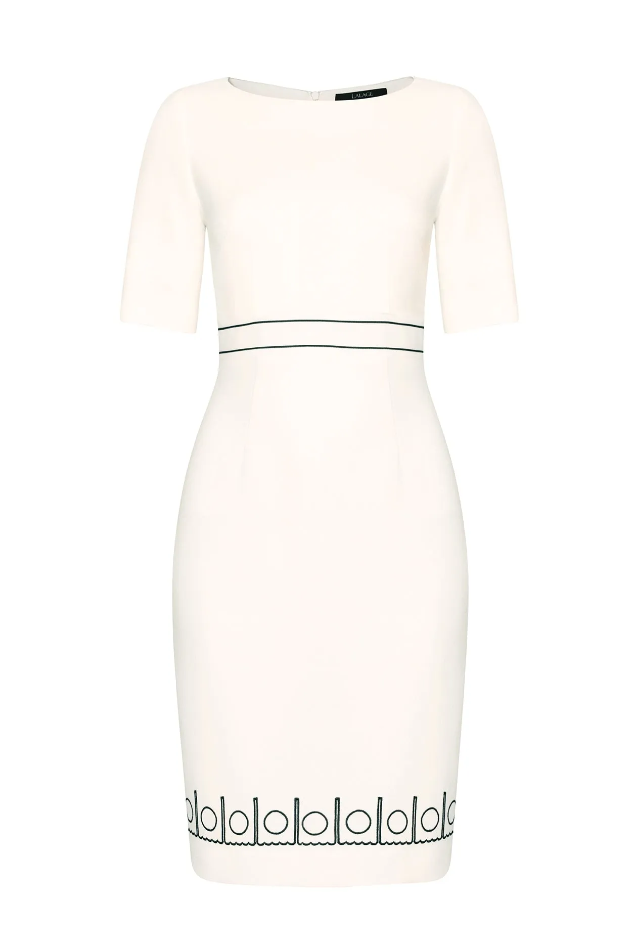 Ivory/Black Wool Faille Short Sleeved Dress with Waistband Detail - Anita