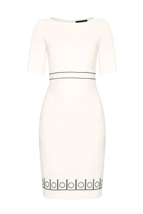 Ivory/Black Wool Faille Short Sleeved Dress with Waistband Detail - Anita