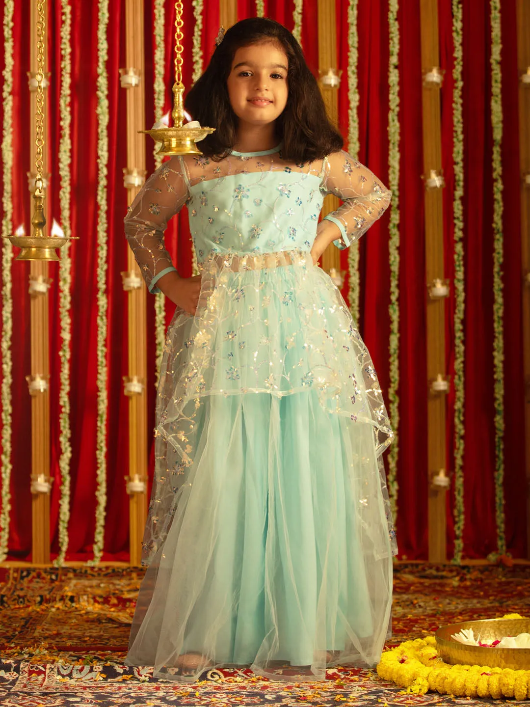 Jashvi Girls' Aqua Embroidered Anarkali Kurta With Long Skirt Set