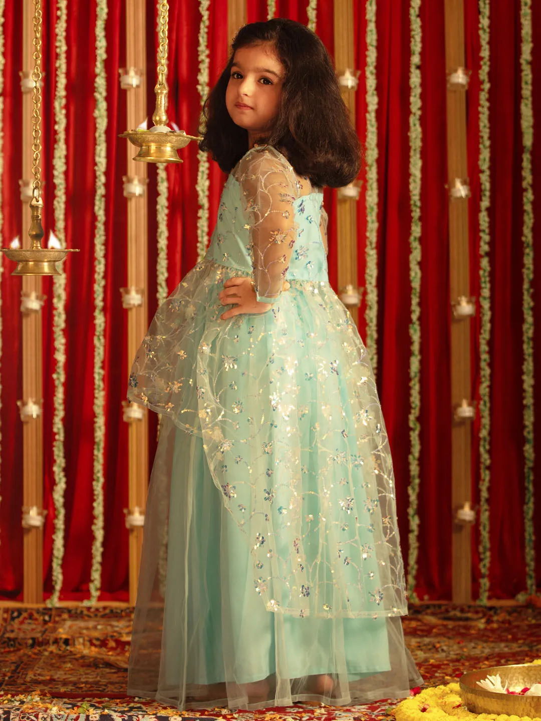 Jashvi Girls' Aqua Embroidered Anarkali Kurta With Long Skirt Set