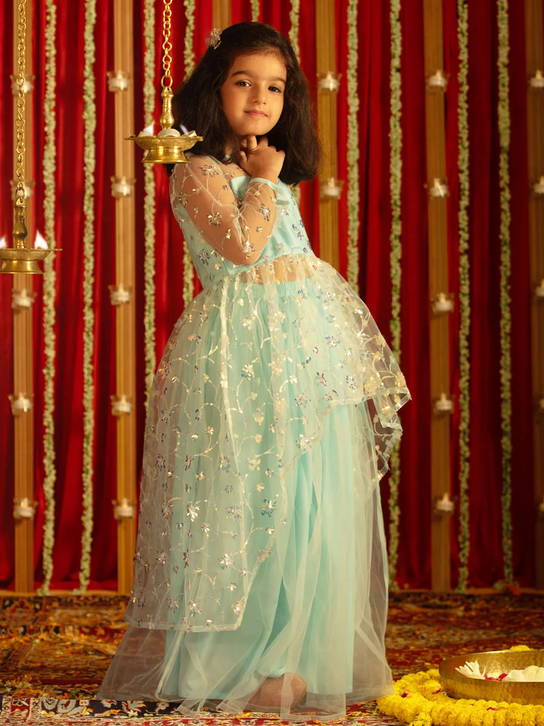 Jashvi Girls' Aqua Embroidered Anarkali Kurta With Long Skirt Set