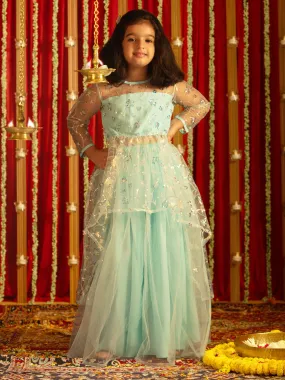 Jashvi Girls' Aqua Embroidered Anarkali Kurta With Long Skirt Set