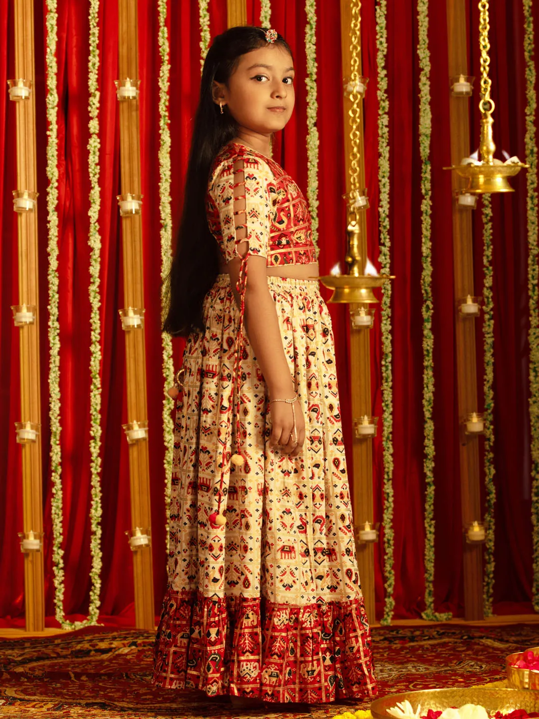 Jashvi Girls' Red And Cream Patola Print Lehenga Set