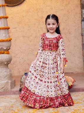 Jashvi Girls' Red And Cream Patola Print Lehenga Set