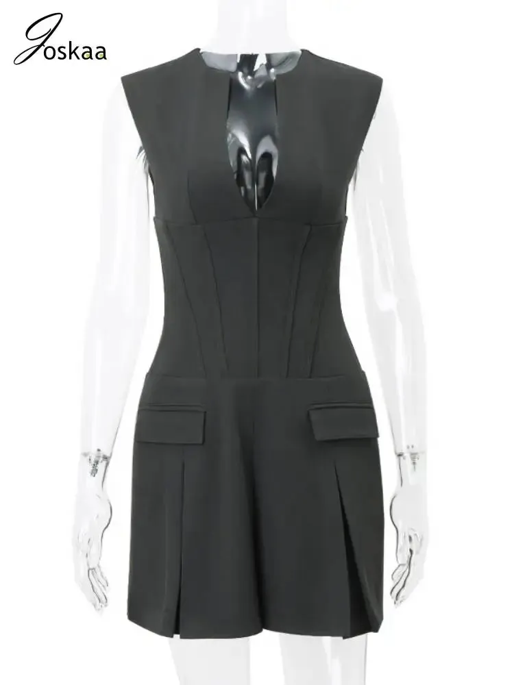 Joskaa Elegant Solid Office Lady Blazer Dress Women Hipster Sexy Deep V-Neck Sleeveless Bodycon Mini Dresses 2024 Streetwear