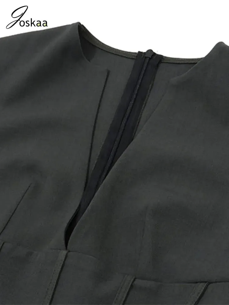 Joskaa Elegant Solid Office Lady Blazer Dress Women Hipster Sexy Deep V-Neck Sleeveless Bodycon Mini Dresses 2024 Streetwear