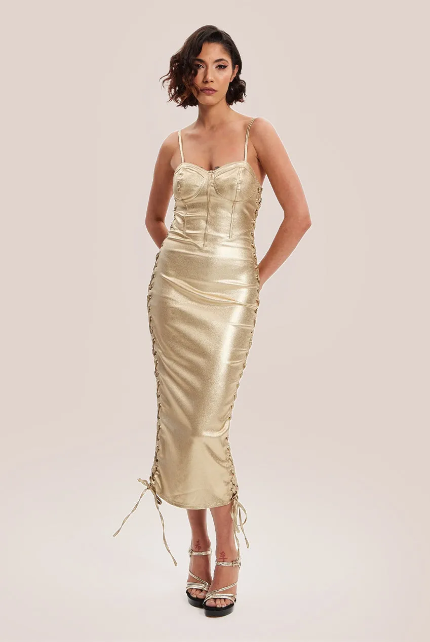 Liquorish Metallic Foil Gold Lycra Eyelet Dress