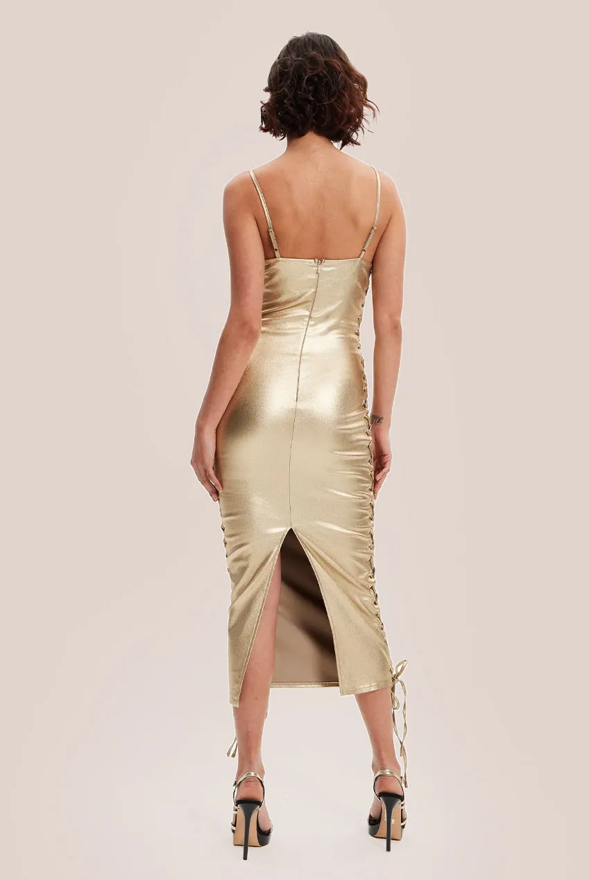 Liquorish Metallic Foil Gold Lycra Eyelet Dress