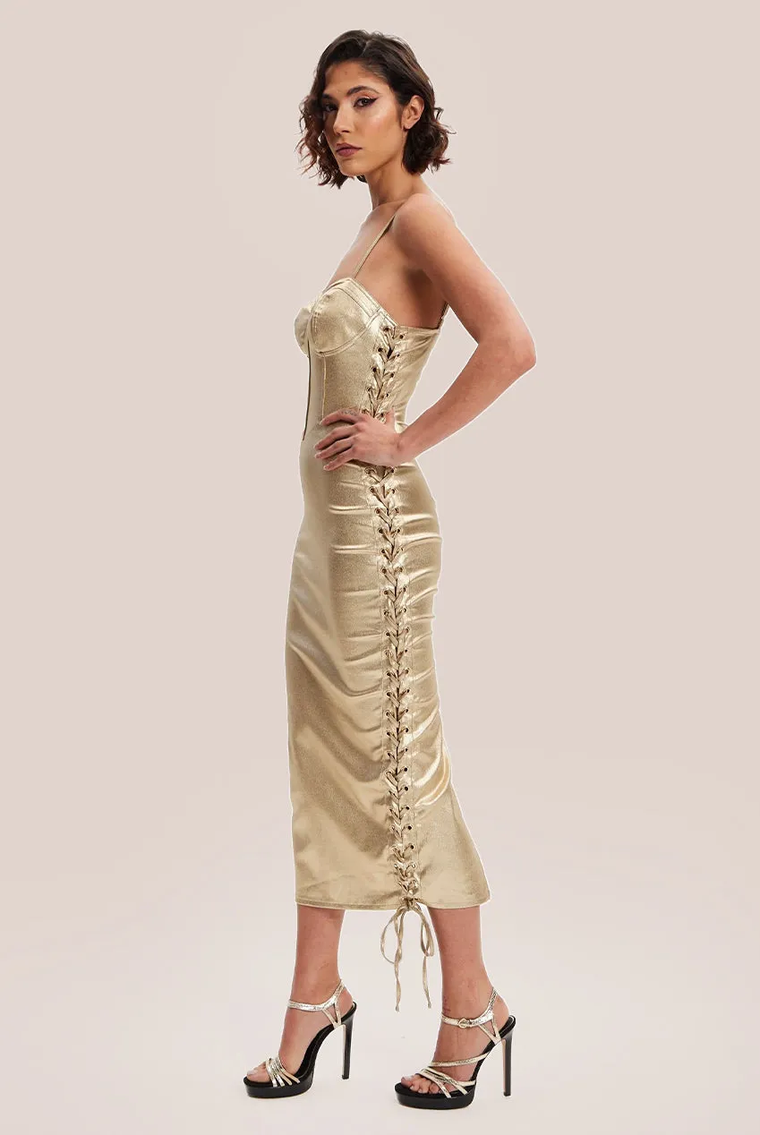 Liquorish Metallic Foil Gold Lycra Eyelet Dress