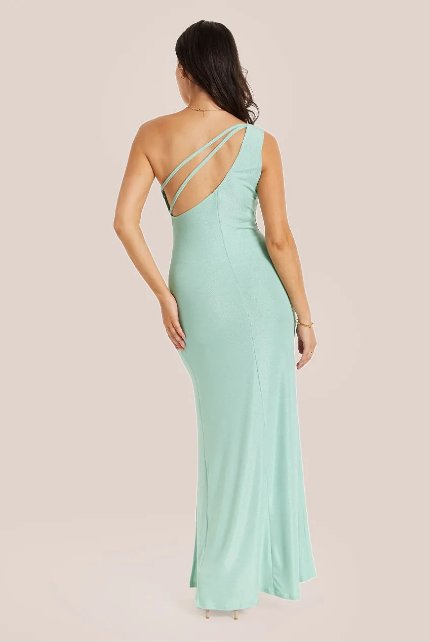 Liquorish Sage Lurex One Shoulder Jersey Maxi Dress With Long Slit