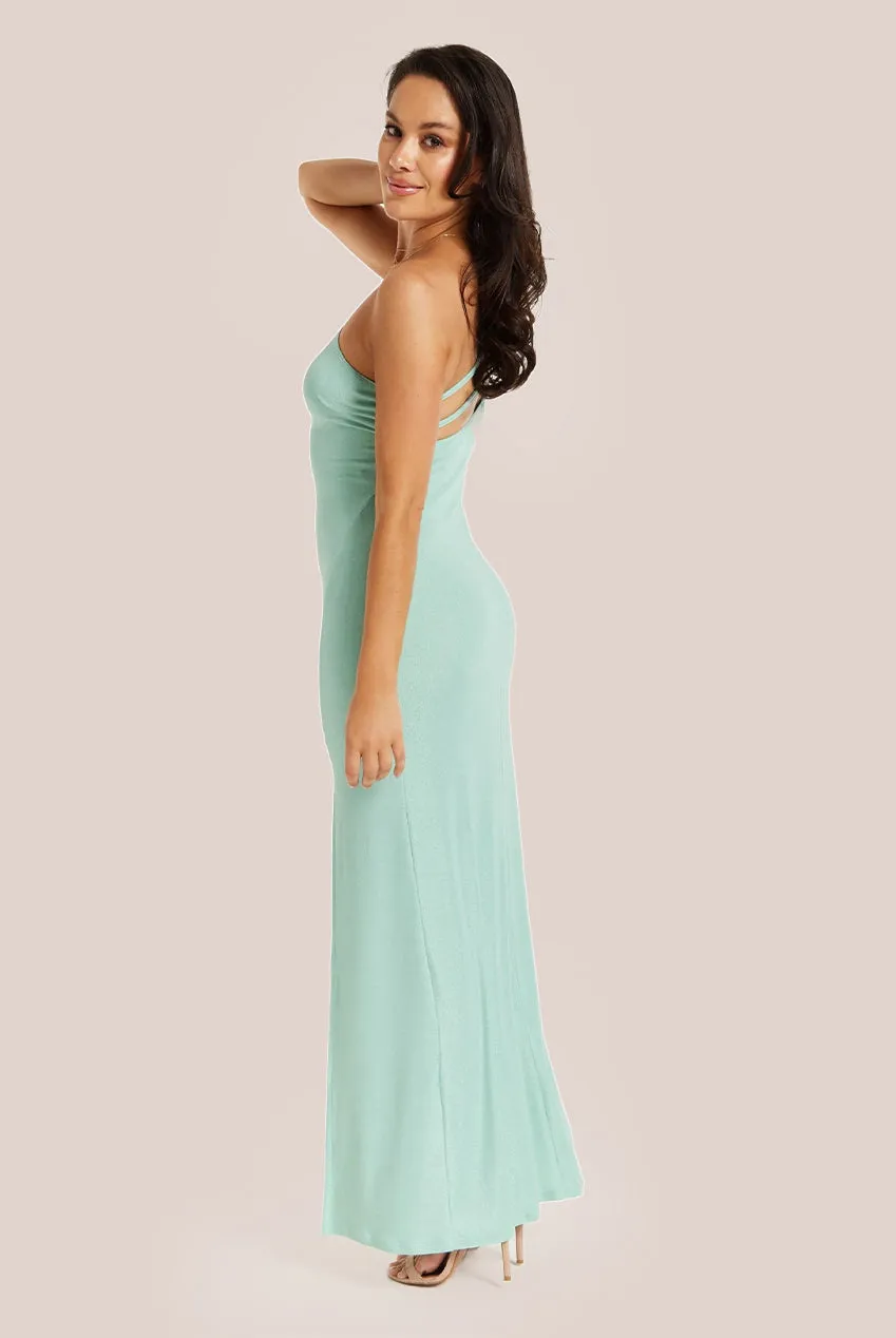 Liquorish Sage Lurex One Shoulder Jersey Maxi Dress With Long Slit