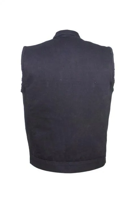 Men's Black Denim Motorcycle Vest With Zipper & Button Snap Front Closure, MV320-ZIP-BD-DL