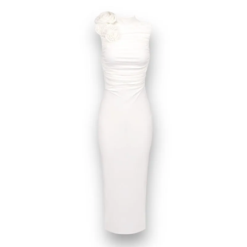Miriam Pleated Rose Decor Midi Dress