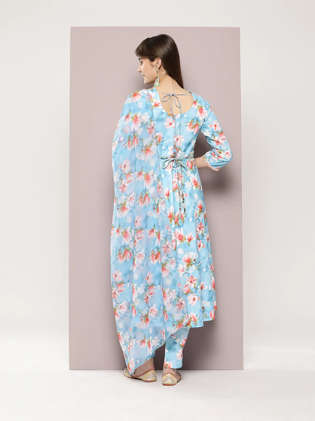 Mirror Work Detailing, Linen Printed Flared Kurta With Trousers And Dupatta
