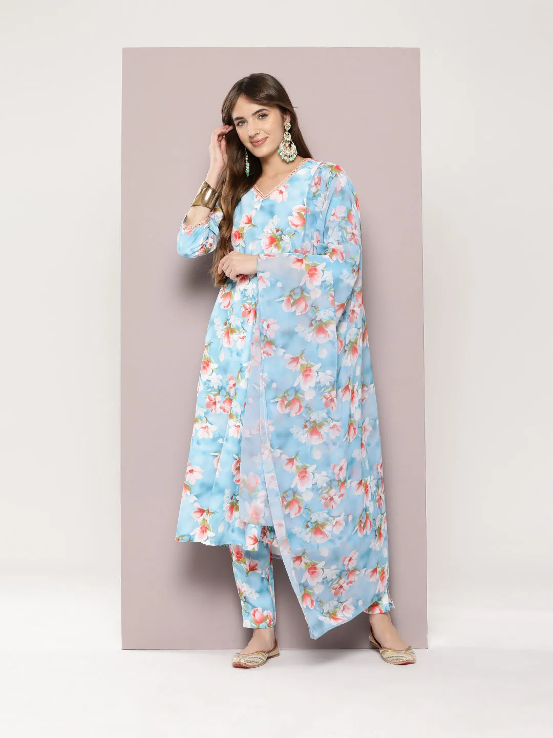 Mirror Work Detailing, Linen Printed Flared Kurta With Trousers And Dupatta