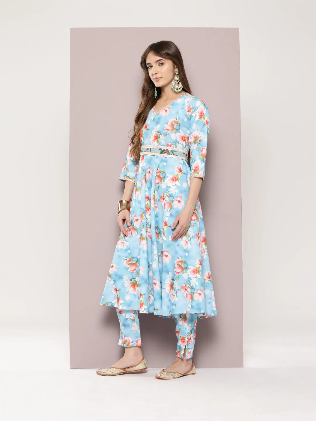 Mirror Work Detailing, Linen Printed Flared Kurta With Trousers And Dupatta
