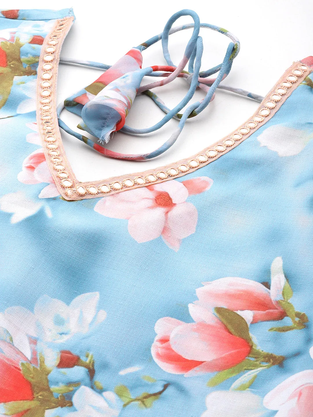 Mirror Work Detailing, Linen Printed Flared Kurta With Trousers And Dupatta