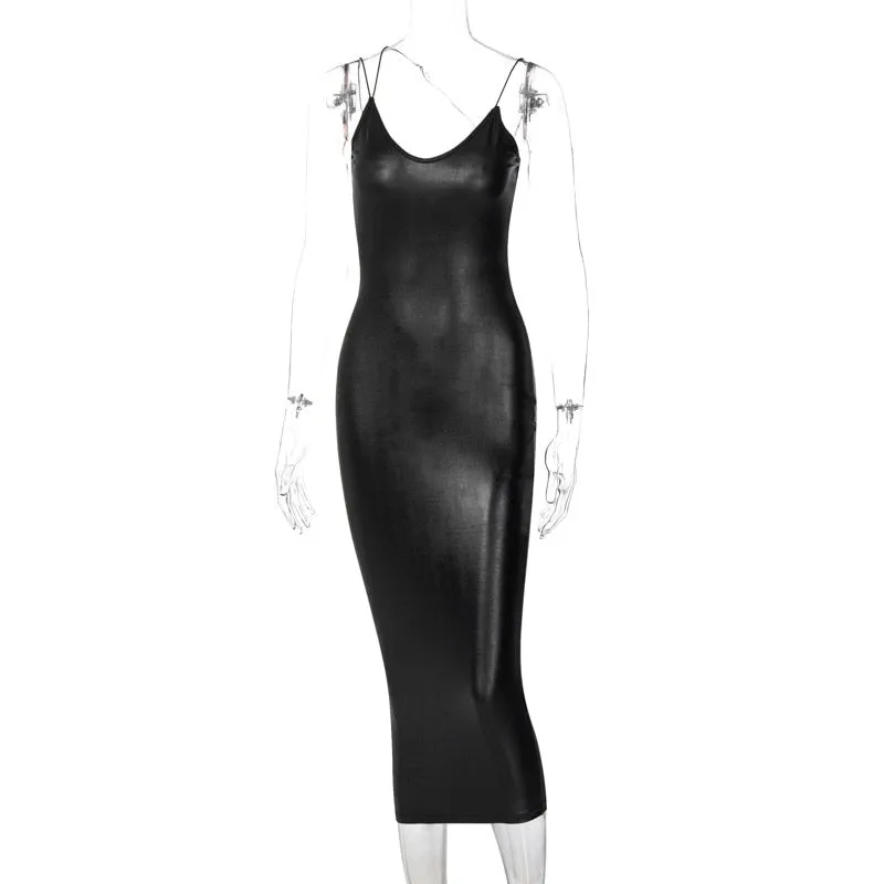 Purpdrank - New Elegant Women Winter Leather Dress Night Club Lady Sexy Midi Backless Sleeveless Spaghetti Strap Party Bodycon Dress