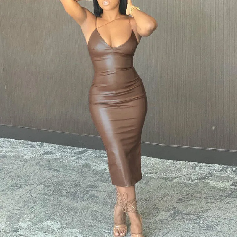 Purpdrank - New Elegant Women Winter Leather Dress Night Club Lady Sexy Midi Backless Sleeveless Spaghetti Strap Party Bodycon Dress