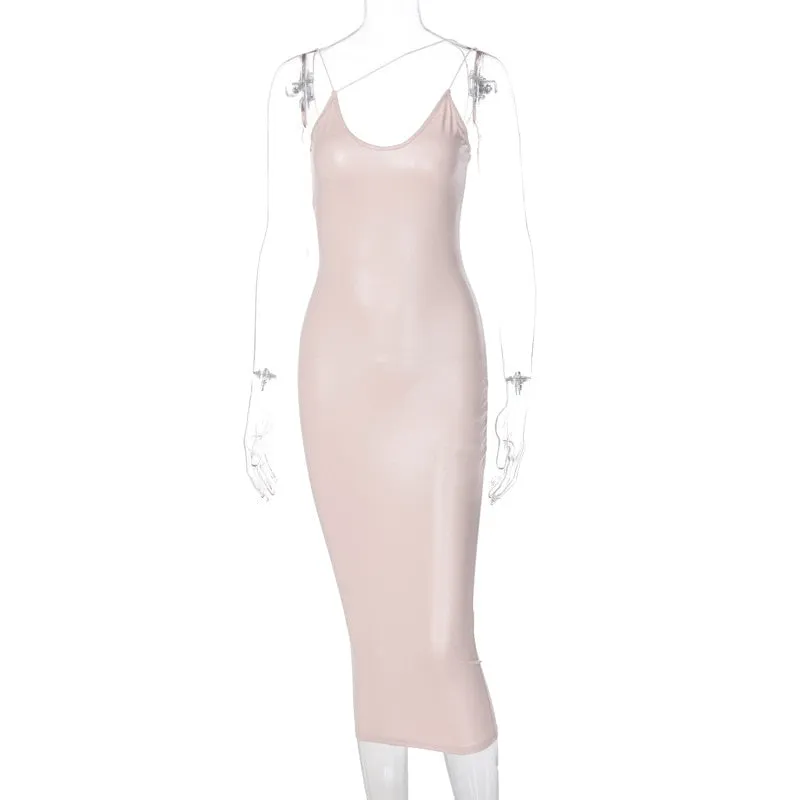 Purpdrank - New Elegant Women Winter Leather Dress Night Club Lady Sexy Midi Backless Sleeveless Spaghetti Strap Party Bodycon Dress