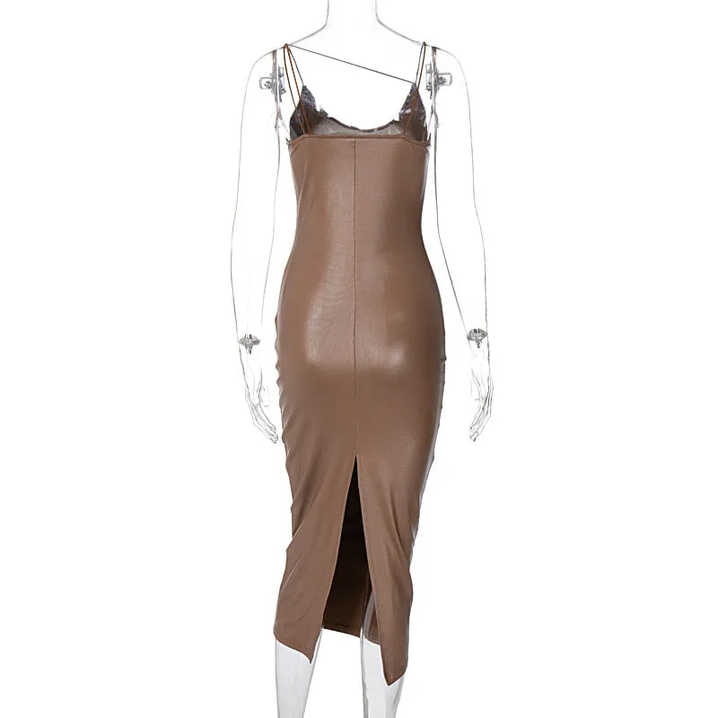 Purpdrank - New Elegant Women Winter Leather Dress Night Club Lady Sexy Midi Backless Sleeveless Spaghetti Strap Party Bodycon Dress