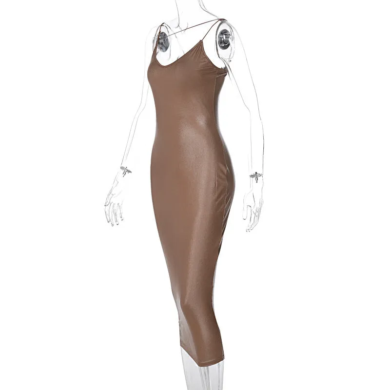 Purpdrank - New Elegant Women Winter Leather Dress Night Club Lady Sexy Midi Backless Sleeveless Spaghetti Strap Party Bodycon Dress