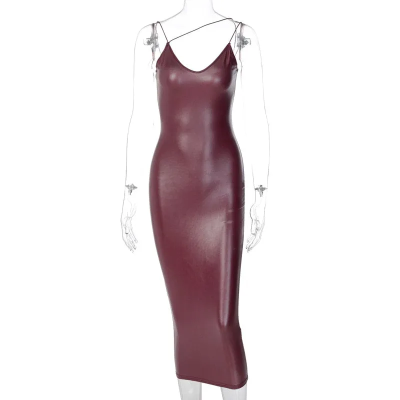 Purpdrank - New Elegant Women Winter Leather Dress Night Club Lady Sexy Midi Backless Sleeveless Spaghetti Strap Party Bodycon Dress