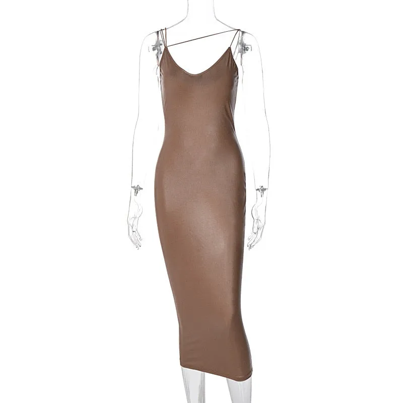 Purpdrank - New Elegant Women Winter Leather Dress Night Club Lady Sexy Midi Backless Sleeveless Spaghetti Strap Party Bodycon Dress