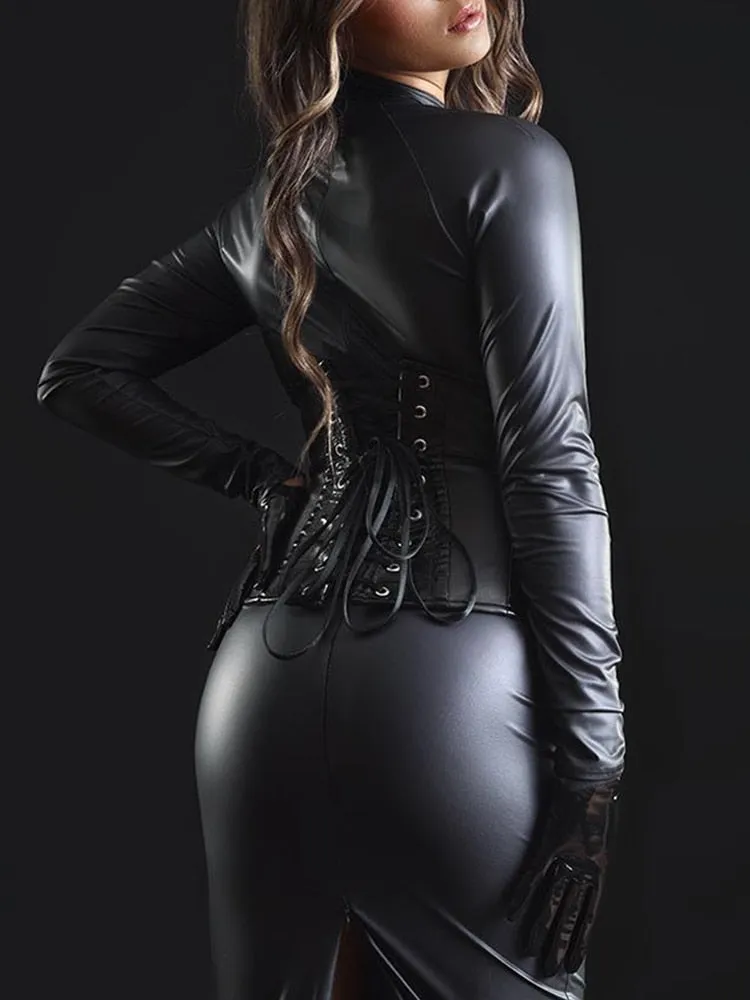 Purpdrank - Women Long Sleeve Matte Faux Leather Stretch Dress Sexy Vintage PU Bodycon Dress Hem Split Slim Clubwear Party Costume Custom