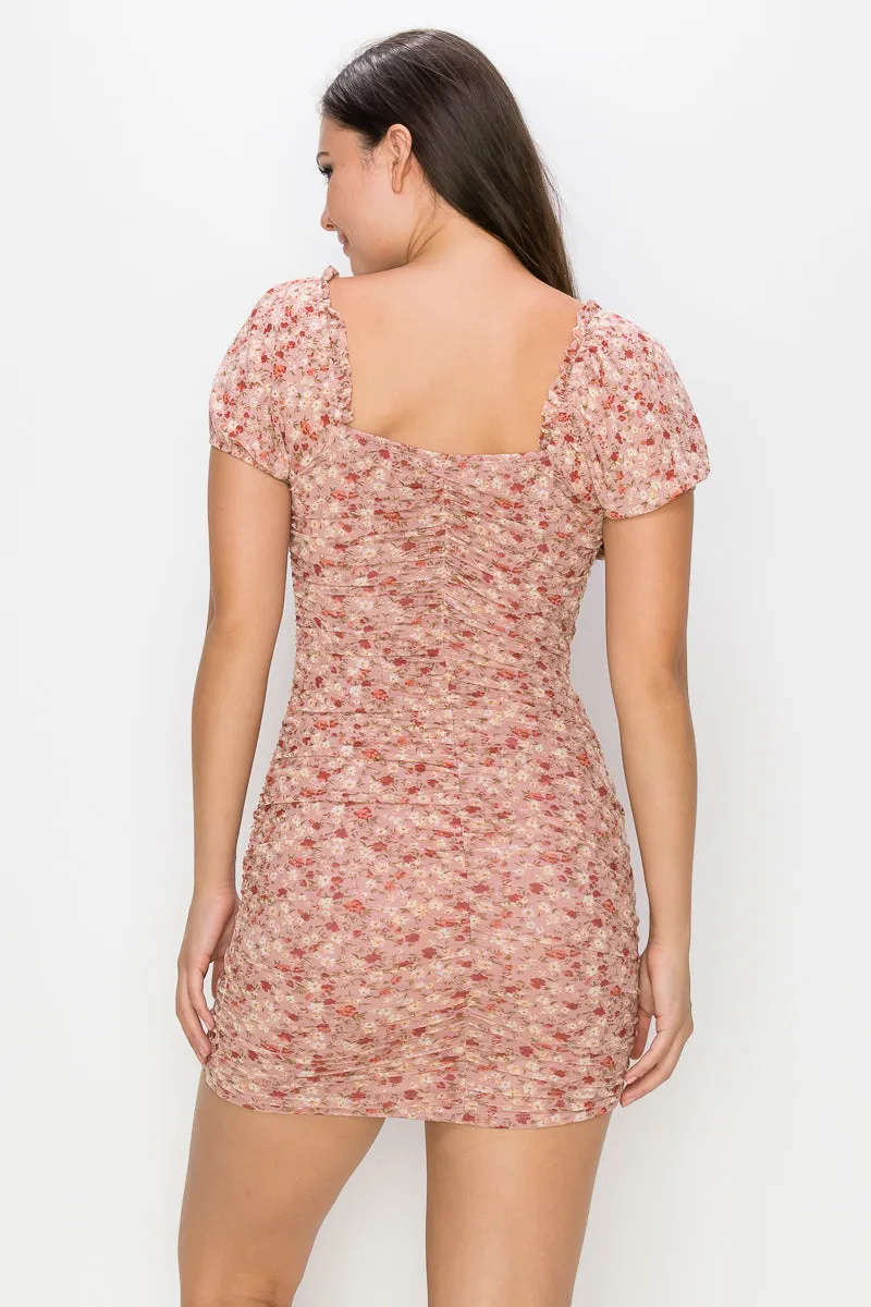 Ruched Floral Ruffled Bodycon Dress - Ships from The US