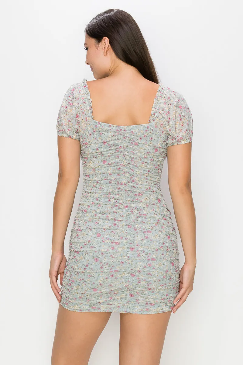 Ruched Floral Ruffled Bodycon Dress - Ships from The US