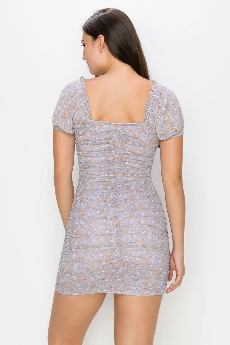 Ruched Floral Ruffled Bodycon Dress - Ships from The US