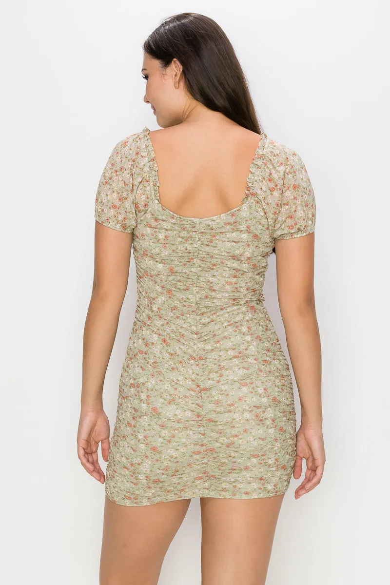 Ruched Floral Ruffled Bodycon Dress - Ships from The US